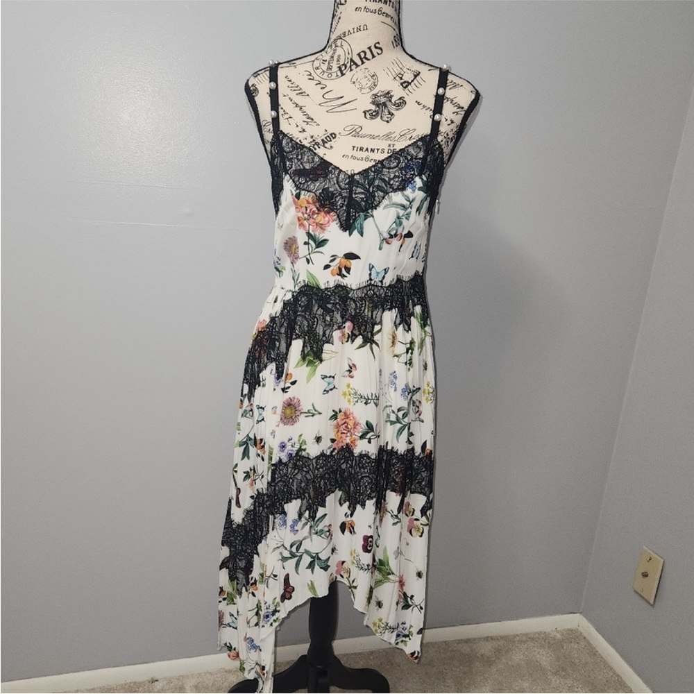 Joie Onelia Cami Dress Womens White Floral Black Lace High Low Pleat Hem Lined 2